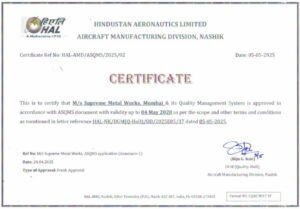 AQMS Certificate by HAL for Supreme Metal Works